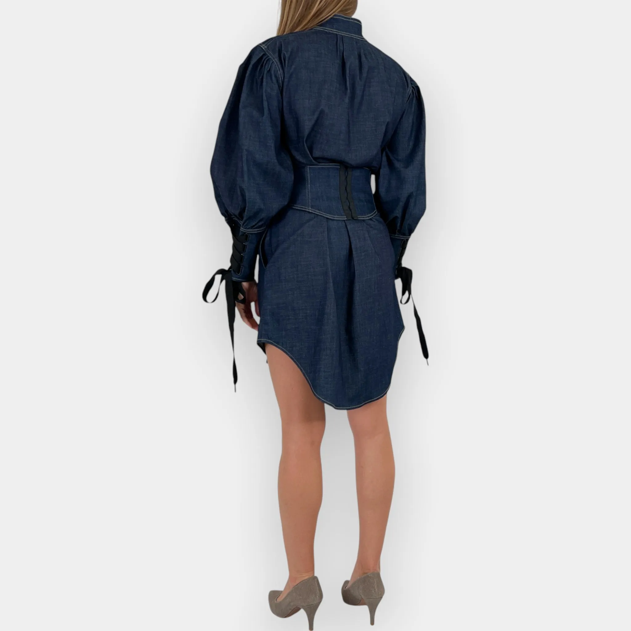 Acler Denim Blue Cotton Tenby Short Waist Tie Dress AU10