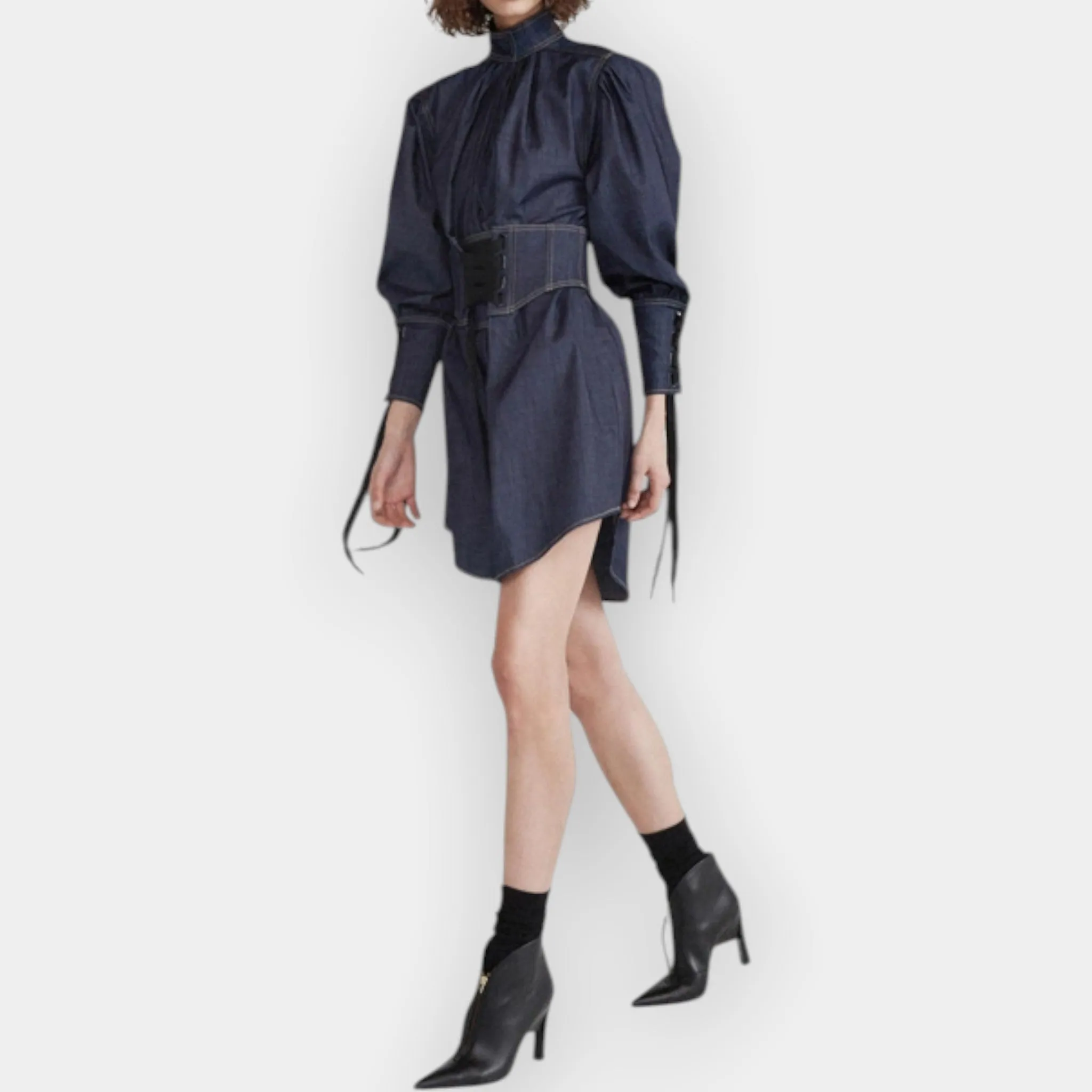 Acler Denim Blue Cotton Tenby Short Waist Tie Dress AU10
