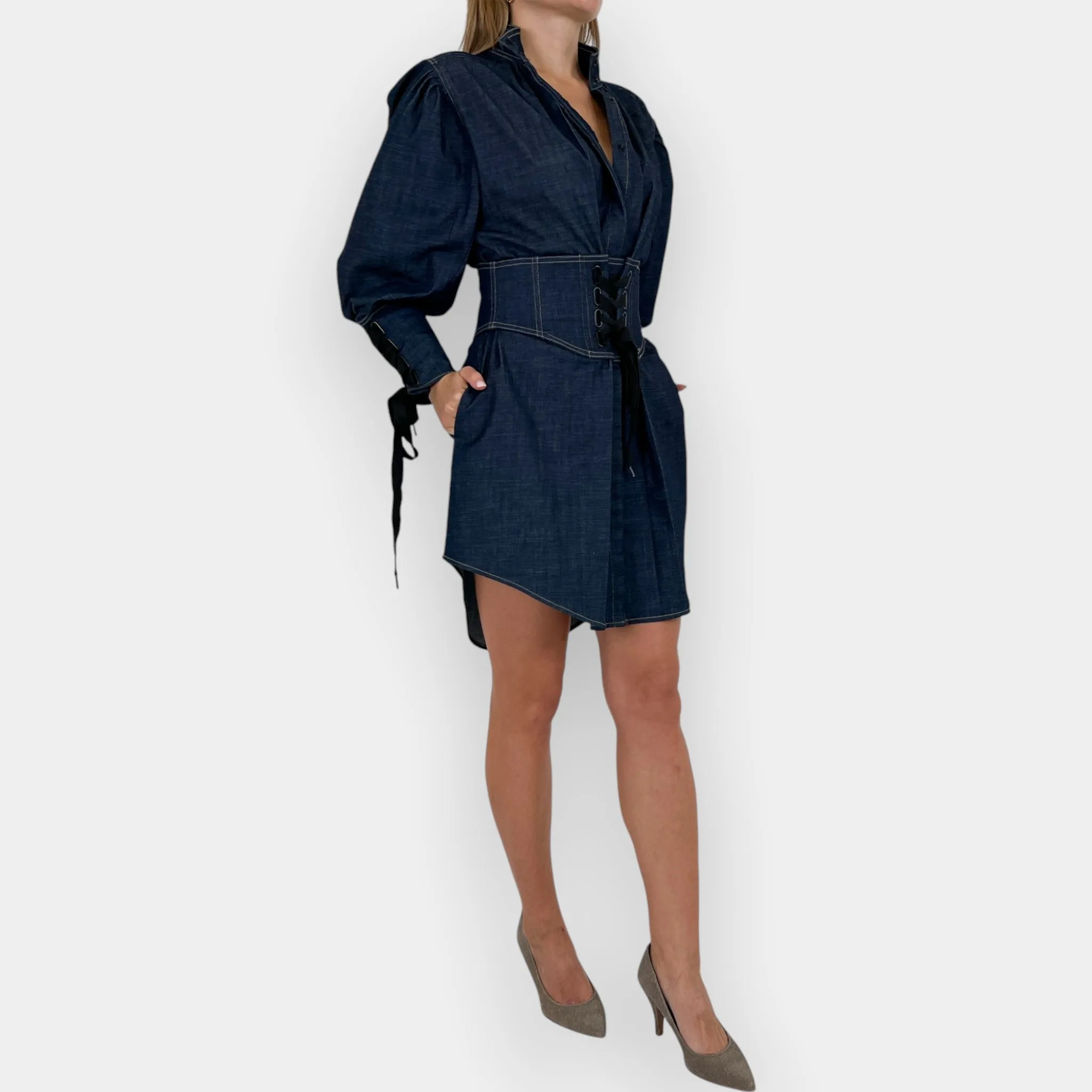 Acler Denim Blue Cotton Tenby Short Waist Tie Dress AU10