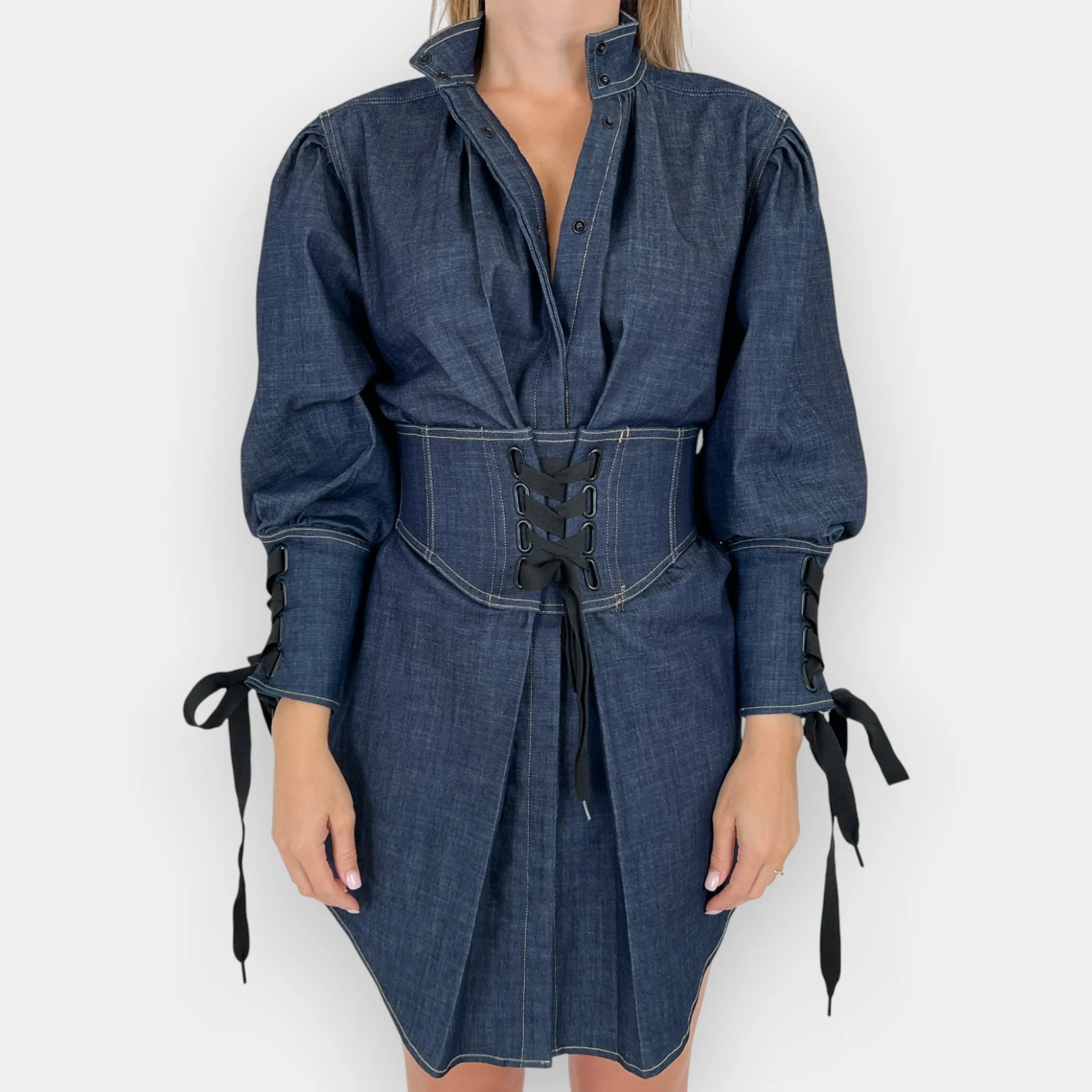 Acler Denim Blue Cotton Tenby Short Waist Tie Dress AU10