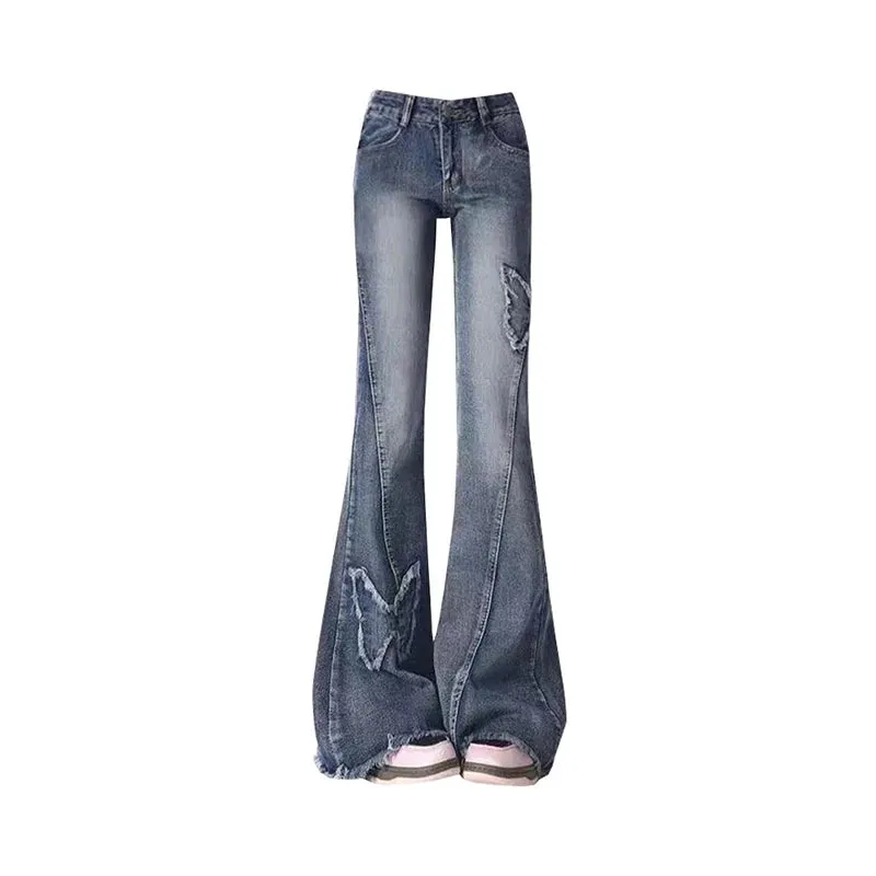 Aiertu Women's Blue Flare Jeans Baggy Vintage 90s Aesthetic Low Waist Cowboy Pants Harajuku Denim Trousers Y2k Trashy Emo 2000s Clothes