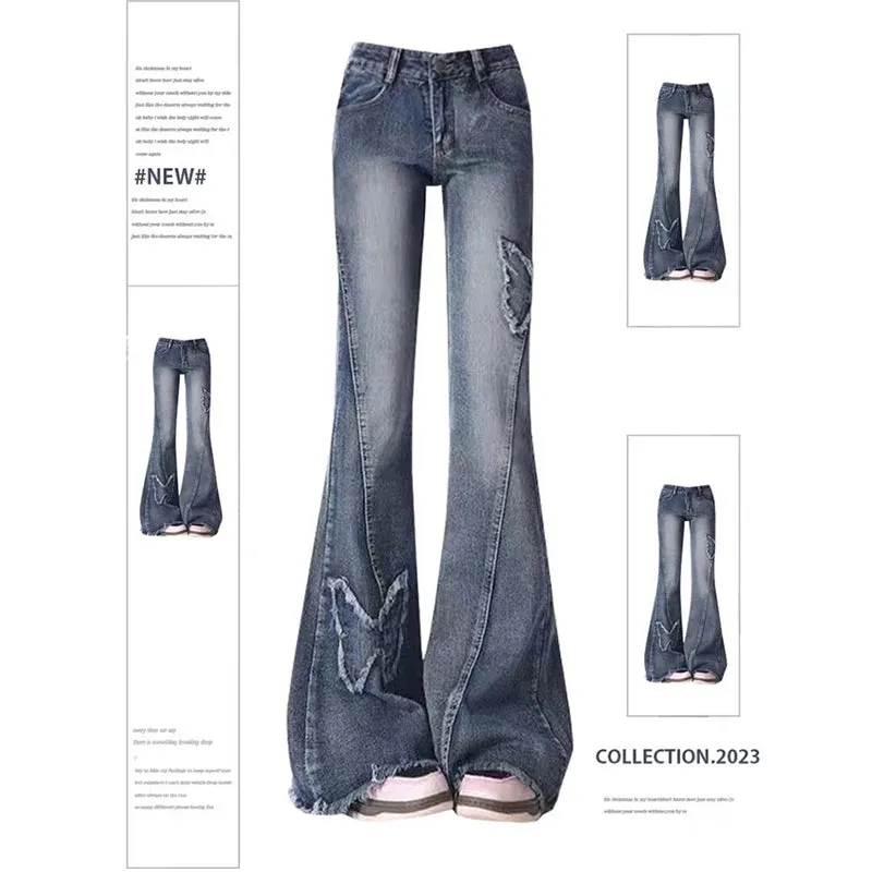Aiertu Women's Blue Flare Jeans Baggy Vintage 90s Aesthetic Low Waist Cowboy Pants Harajuku Denim Trousers Y2k Trashy Emo 2000s Clothes