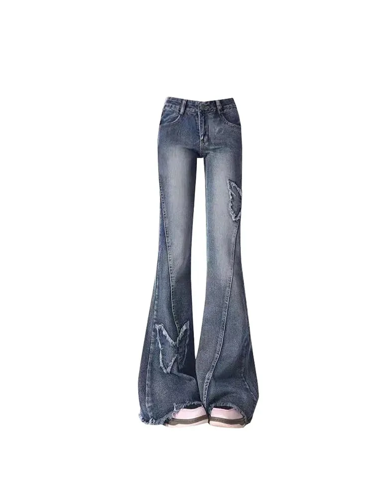 Aiertu Women's Blue Flare Jeans Baggy Vintage 90s Aesthetic Low Waist Cowboy Pants Harajuku Denim Trousers Y2k Trashy Emo 2000s Clothes