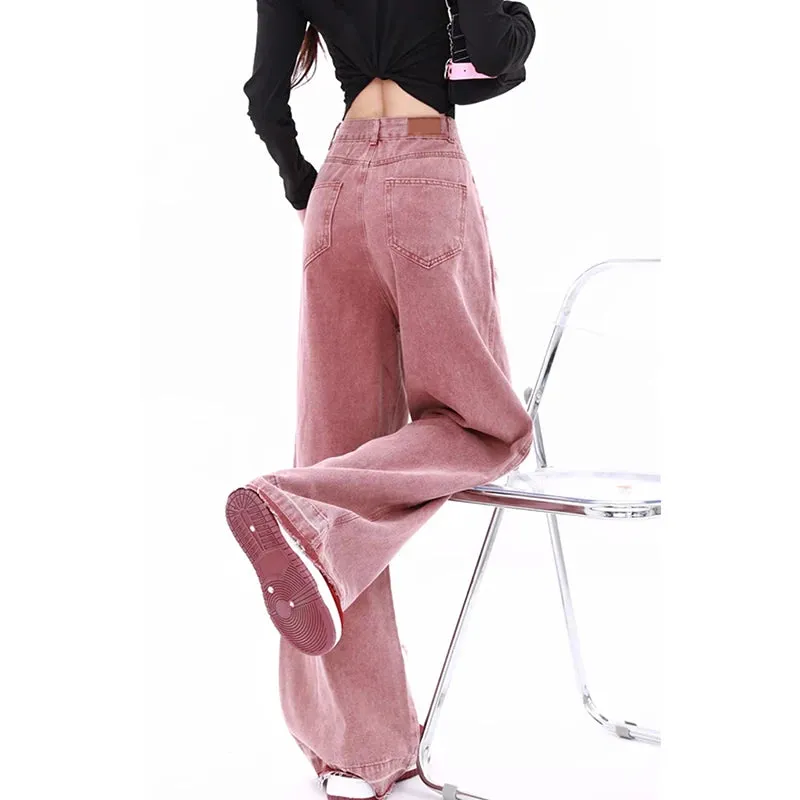 Aiertu Women's Pink Jeans Letters Printed High-waisted American Street Wide Leg Pants Hip-hop Fashion Retro Straight Y2K Winter Pants