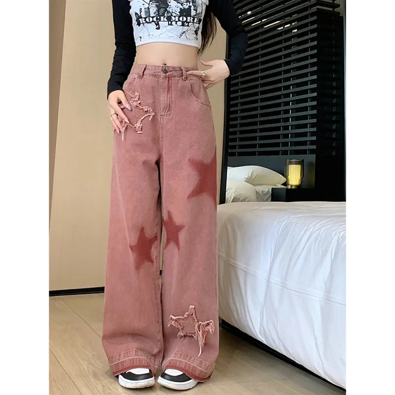Aiertu Women's Pink Jeans Letters Printed High-waisted American Street Wide Leg Pants Hip-hop Fashion Retro Straight Y2K Winter Pants