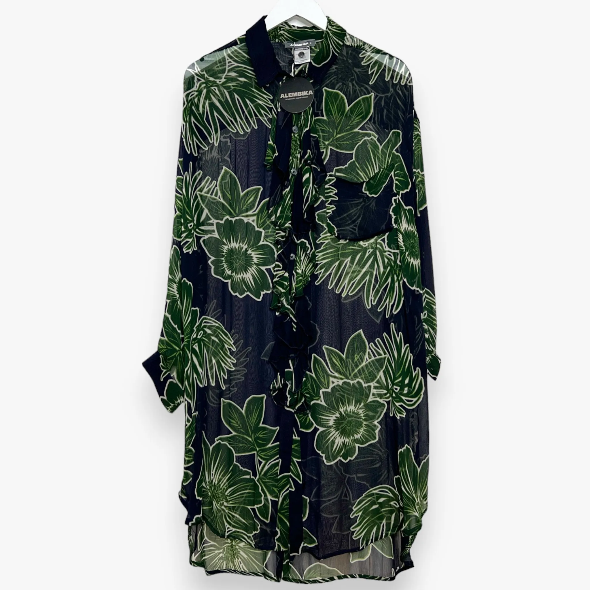 Alembika Green & Blue Floral Chiffon Frill Shirt Dress Small ~ AU10-12 [NEW]