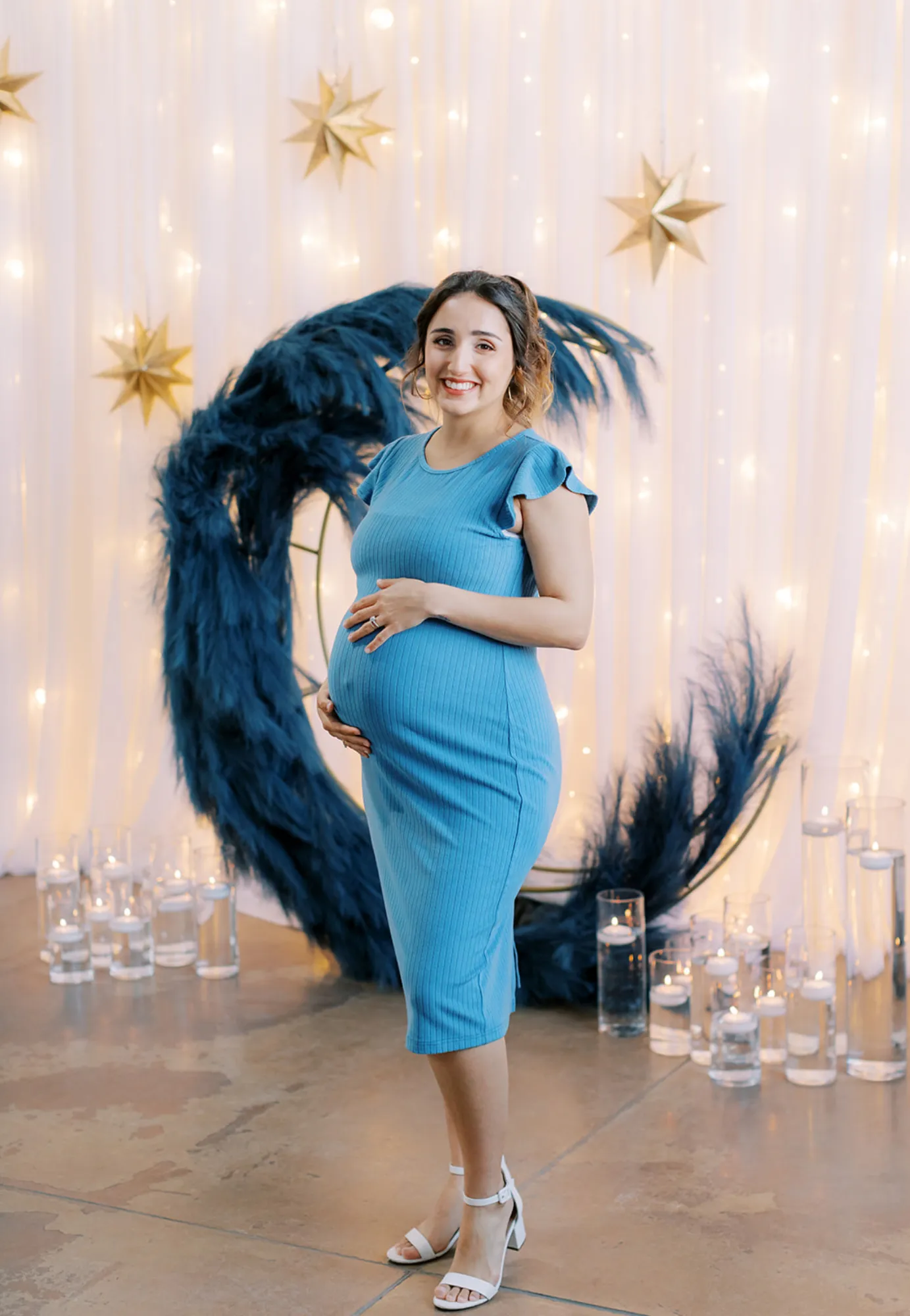 Baby Blue Ruffle Sleeve Ribbed Maternity Dress
