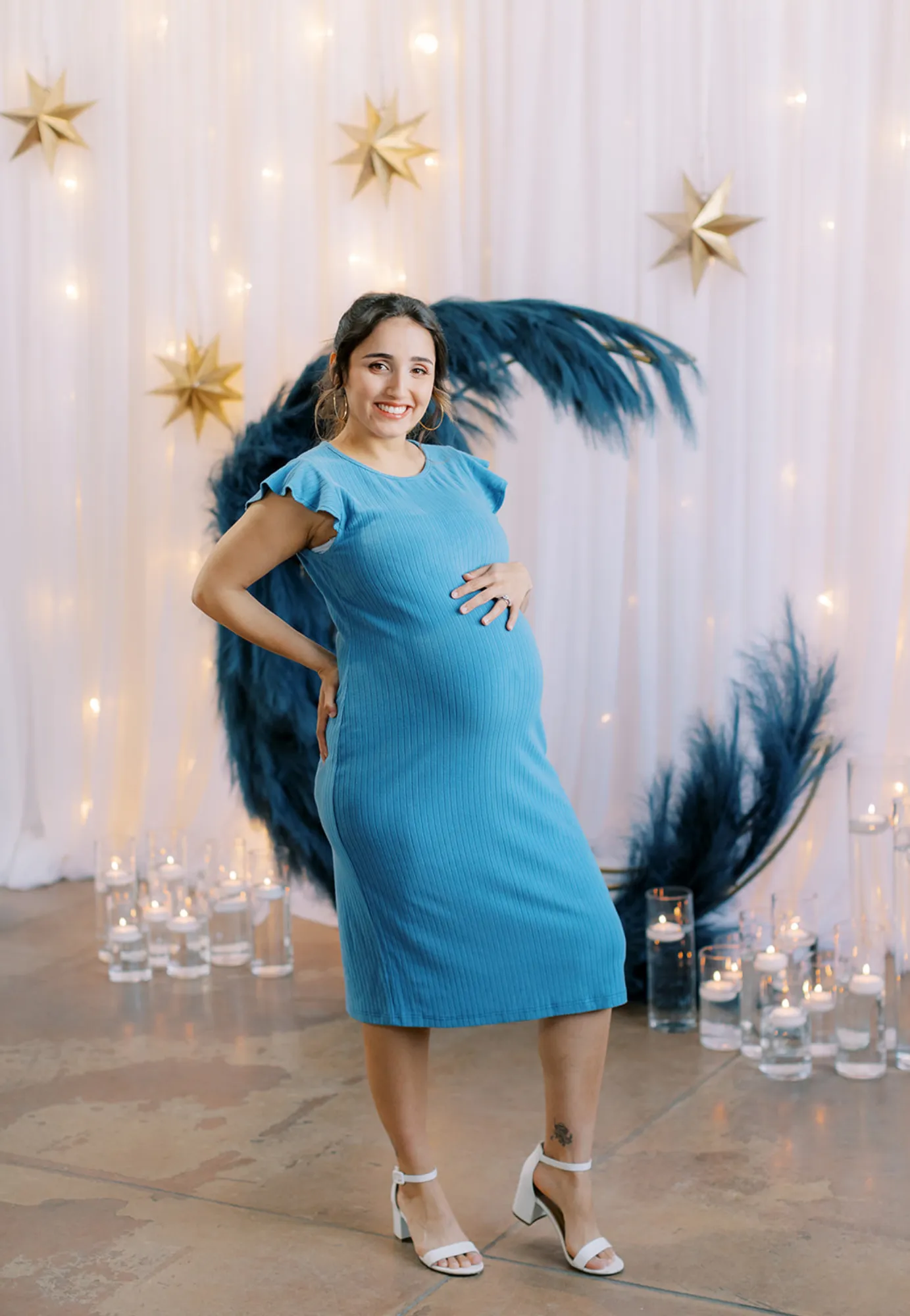 Baby Blue Ruffle Sleeve Ribbed Maternity Dress
