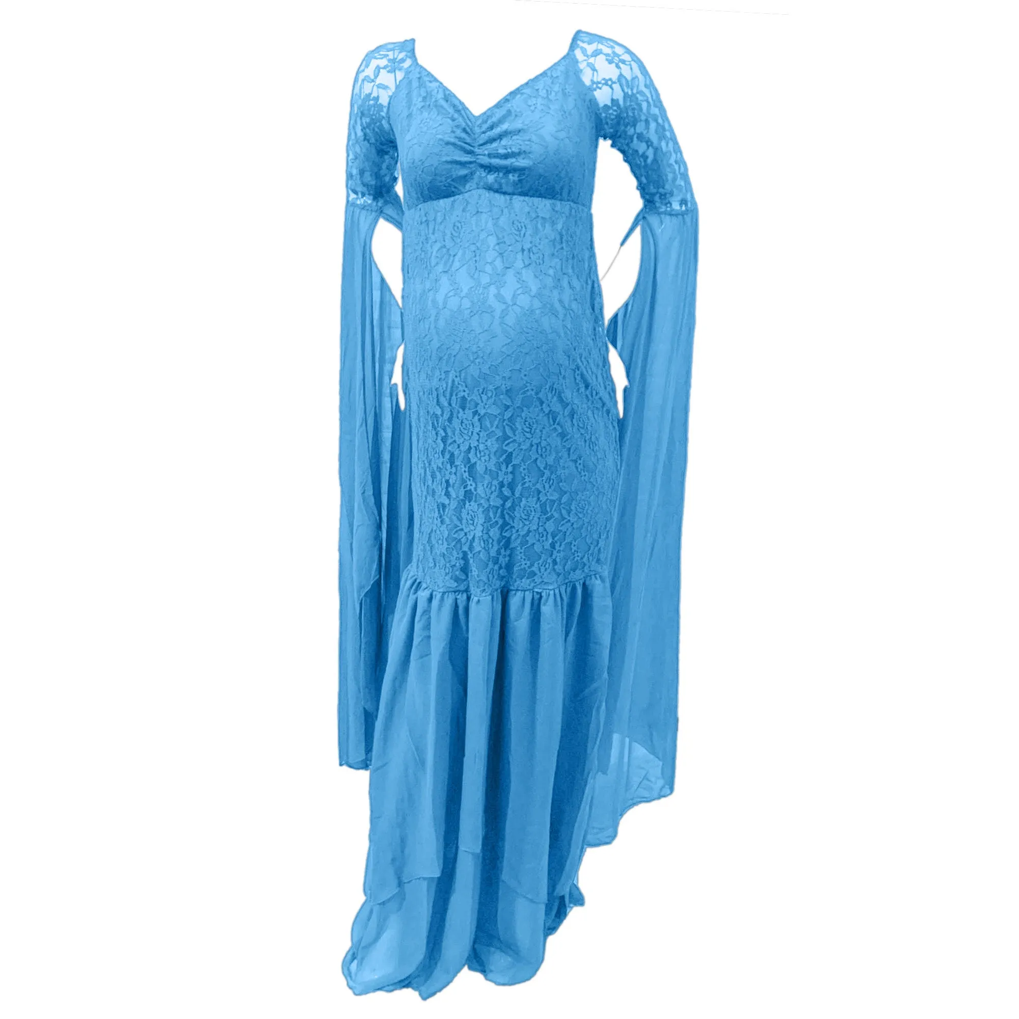 Babymoon Stretchable Off Shoulder Dropping Sleeve Maternity Gown Dress | Blue