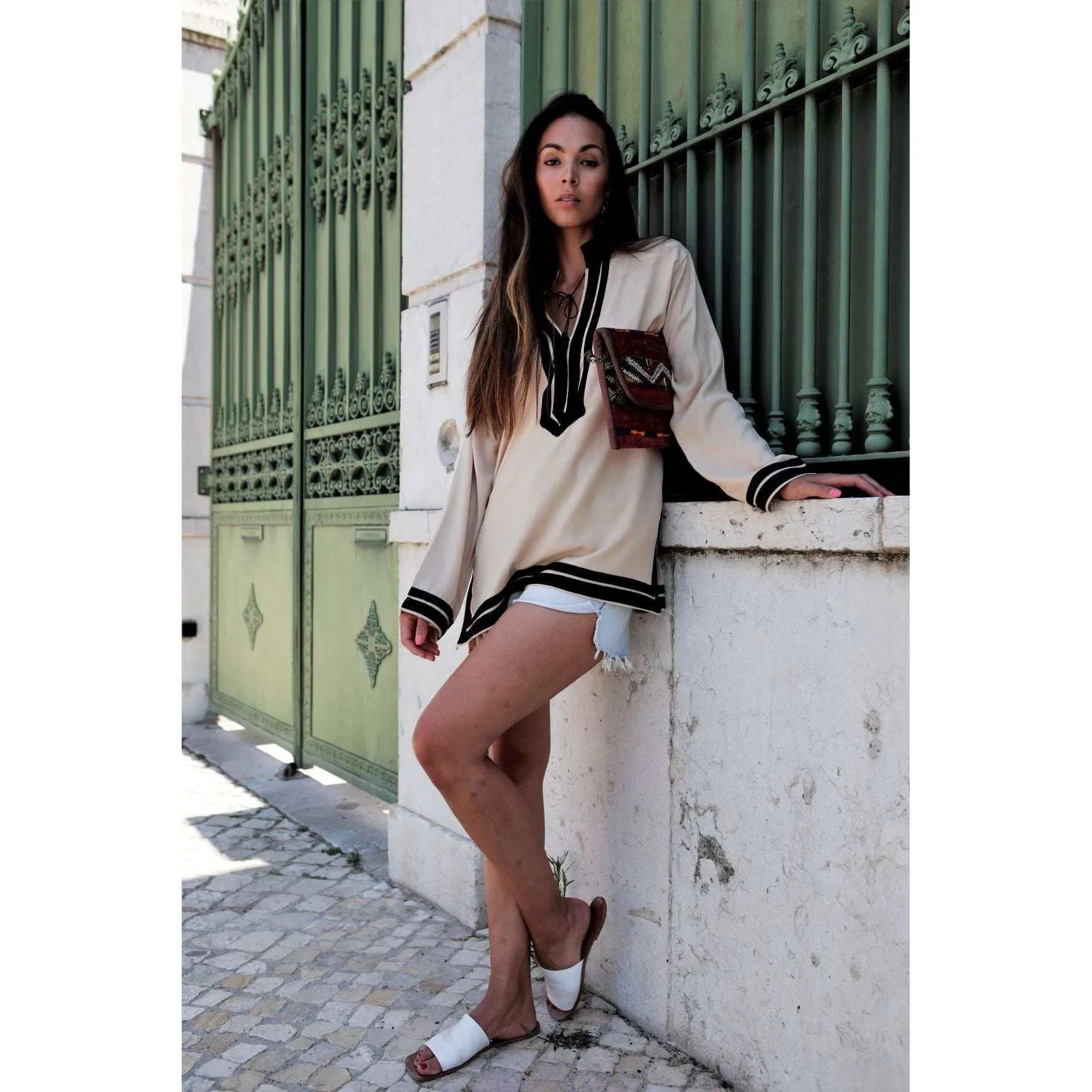 Beige Mariam Moroccan Tunic Shirt- Resortwear, Loungewear, Holidaywear, bohemian style tunic