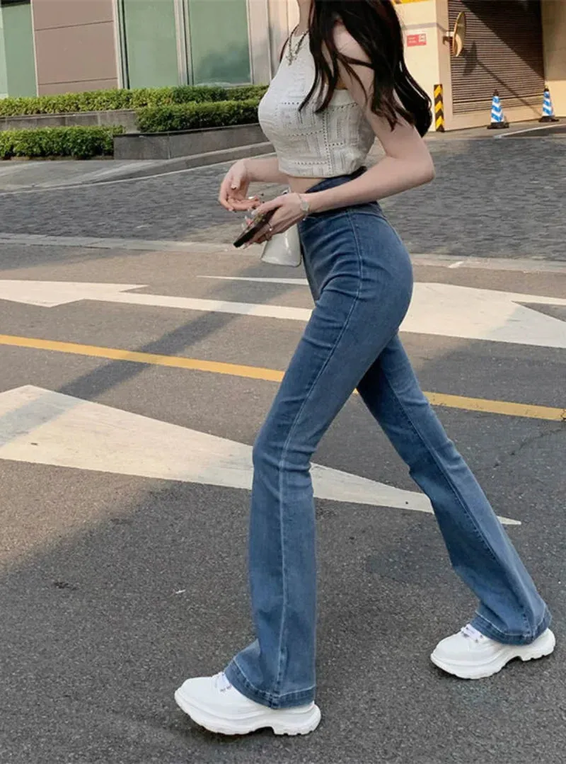 Bonnyshow Women's Jeans Bell Bottom Trousers Slim Fit Pants for Women Skinny Flared High Waist Shot Blue Flare Harajuku Fashion Retro Emo