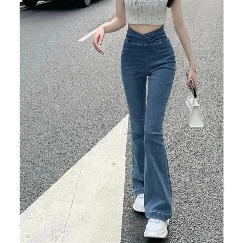Bonnyshow Women's Jeans Bell Bottom Trousers Slim Fit Pants for Women Skinny Flared High Waist Shot Blue Flare Harajuku Fashion Retro Emo