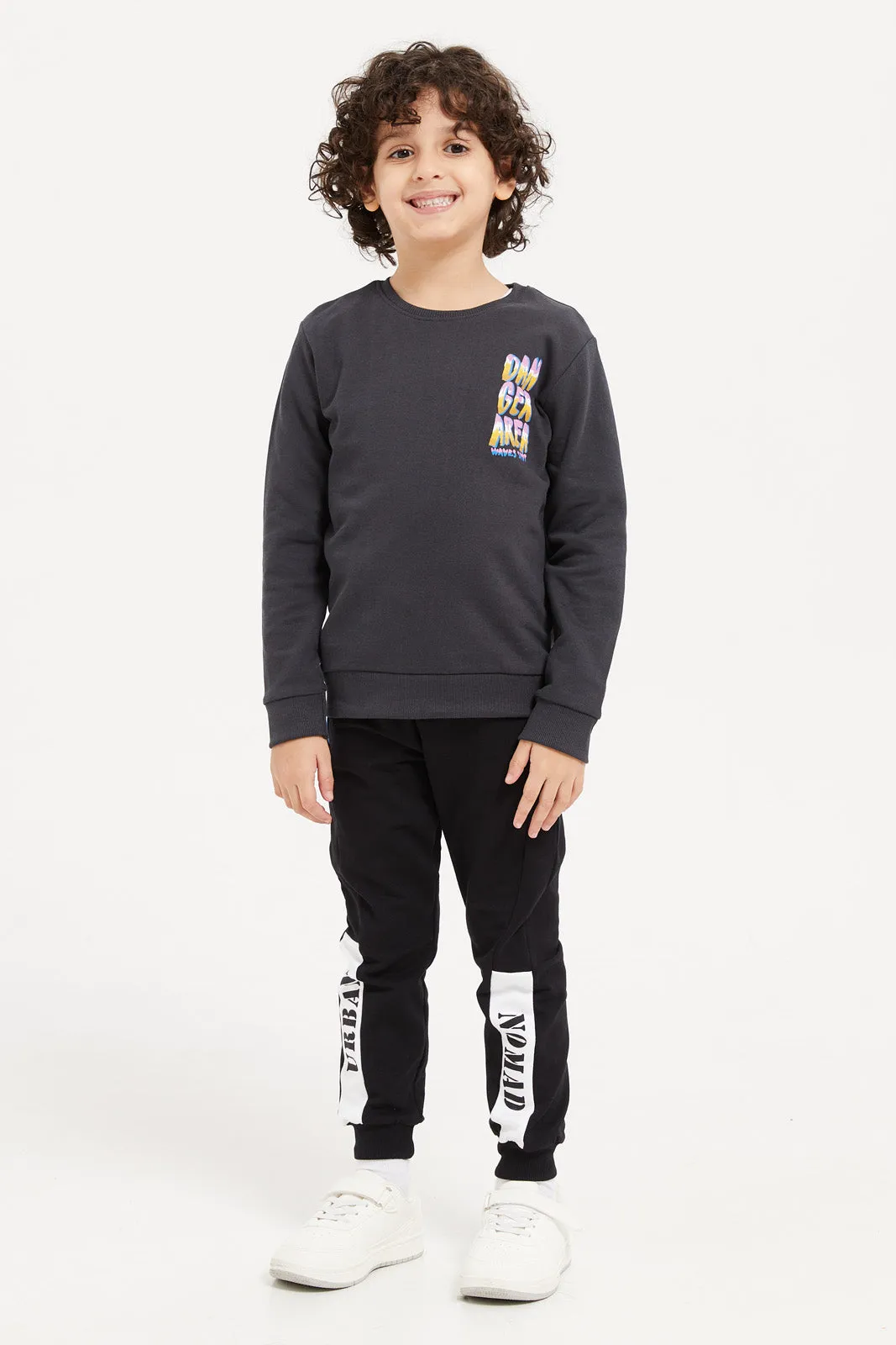 Boys Black Printed Track Pants