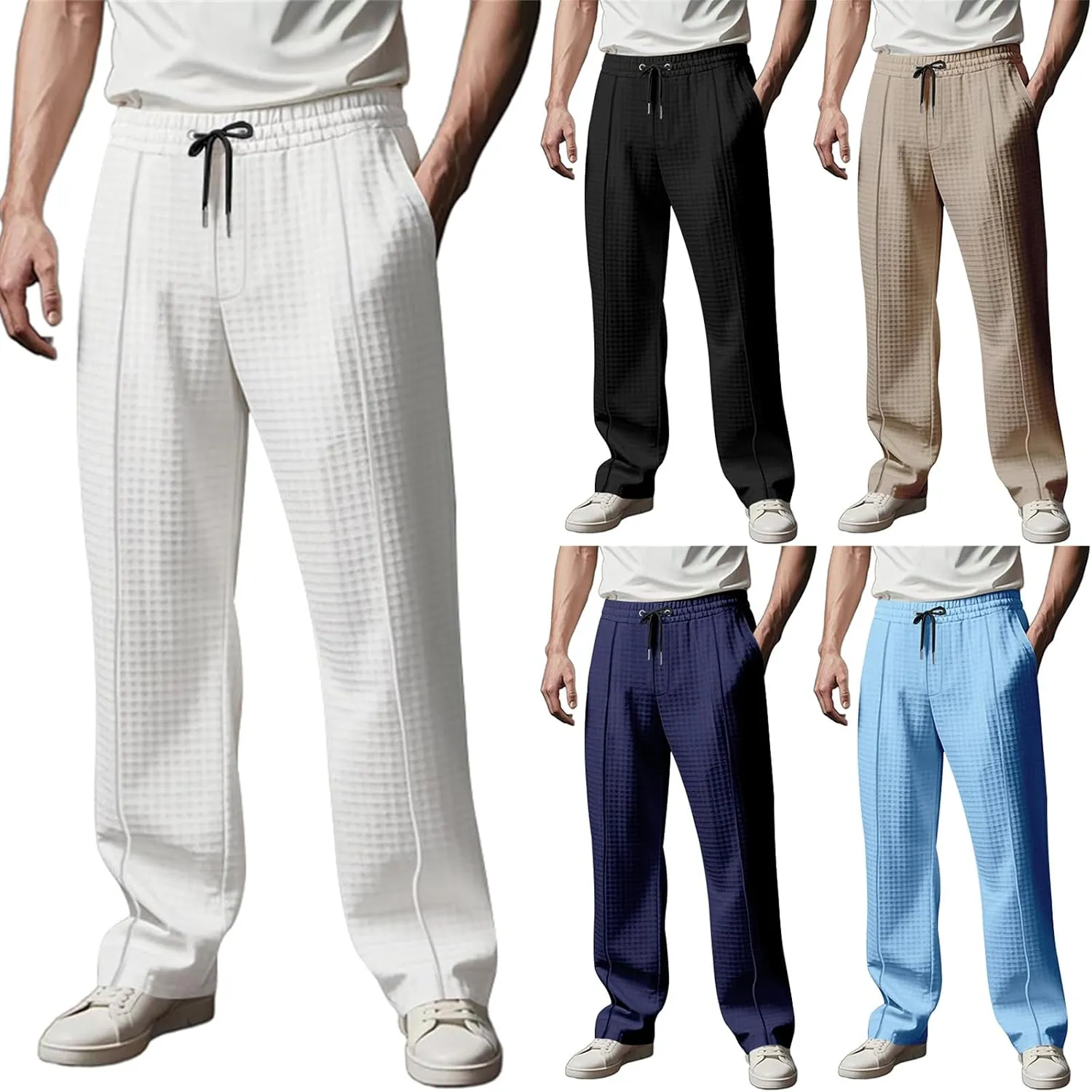 Casual Pants for Men Waffle Knit Yoga Pants Soft Lightweight Sweatpants Golf Work Business Slacks Summer Beach Trousers