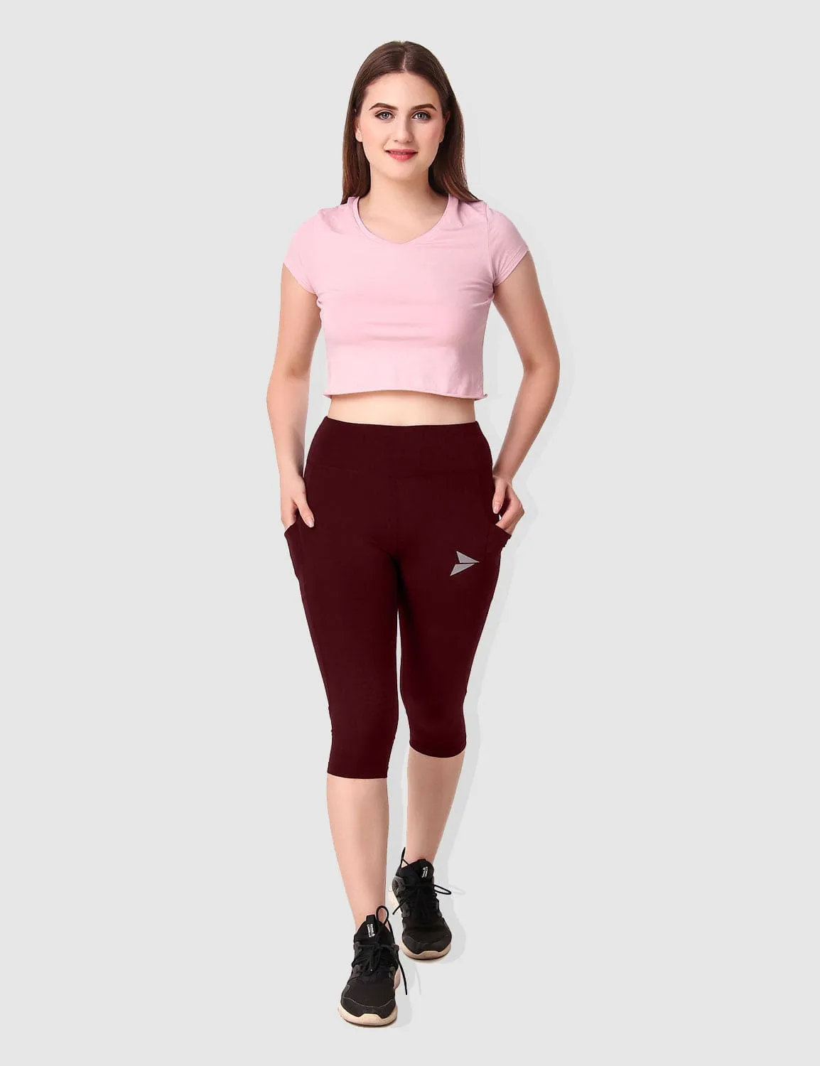 Fitinc Maroon Capri for Women with Mobile Pockets