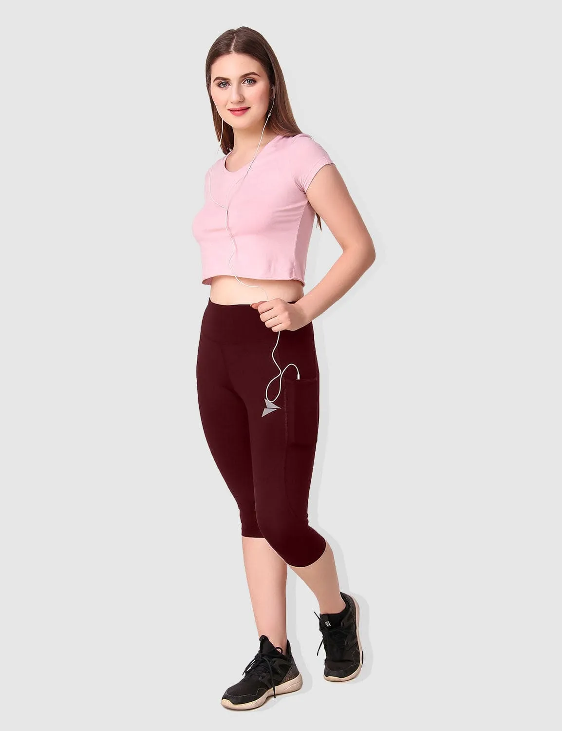 Fitinc Maroon Capri for Women with Mobile Pockets