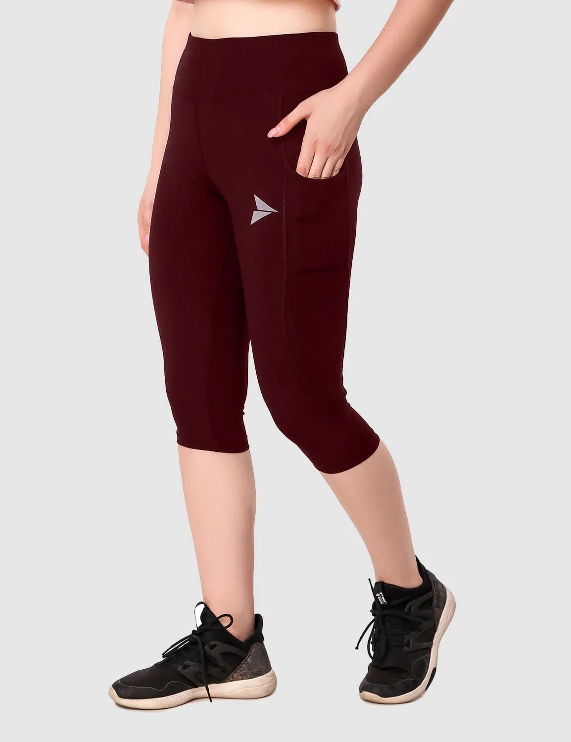 Fitinc Maroon Capri for Women with Mobile Pockets
