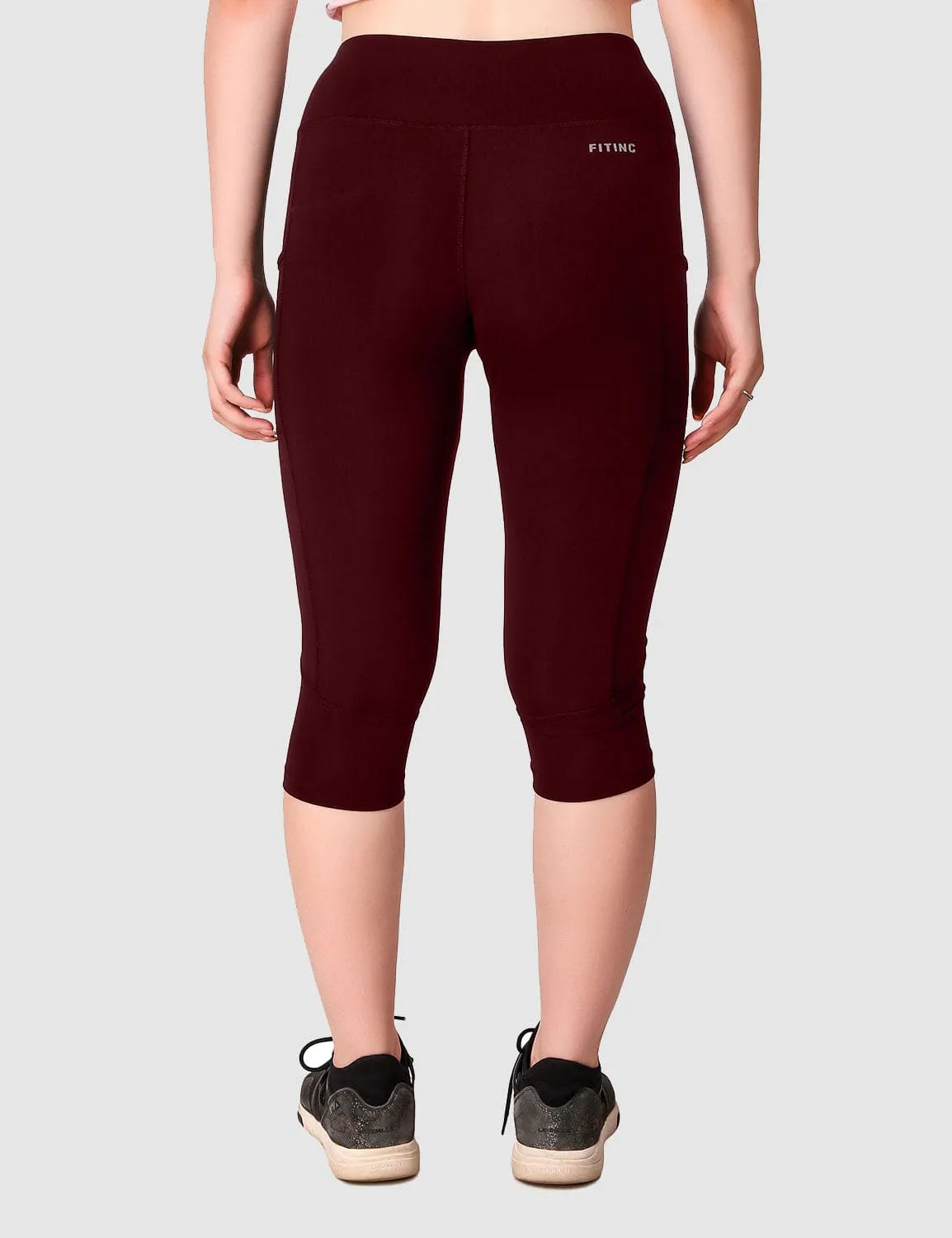 Fitinc Maroon Capri for Women with Mobile Pockets