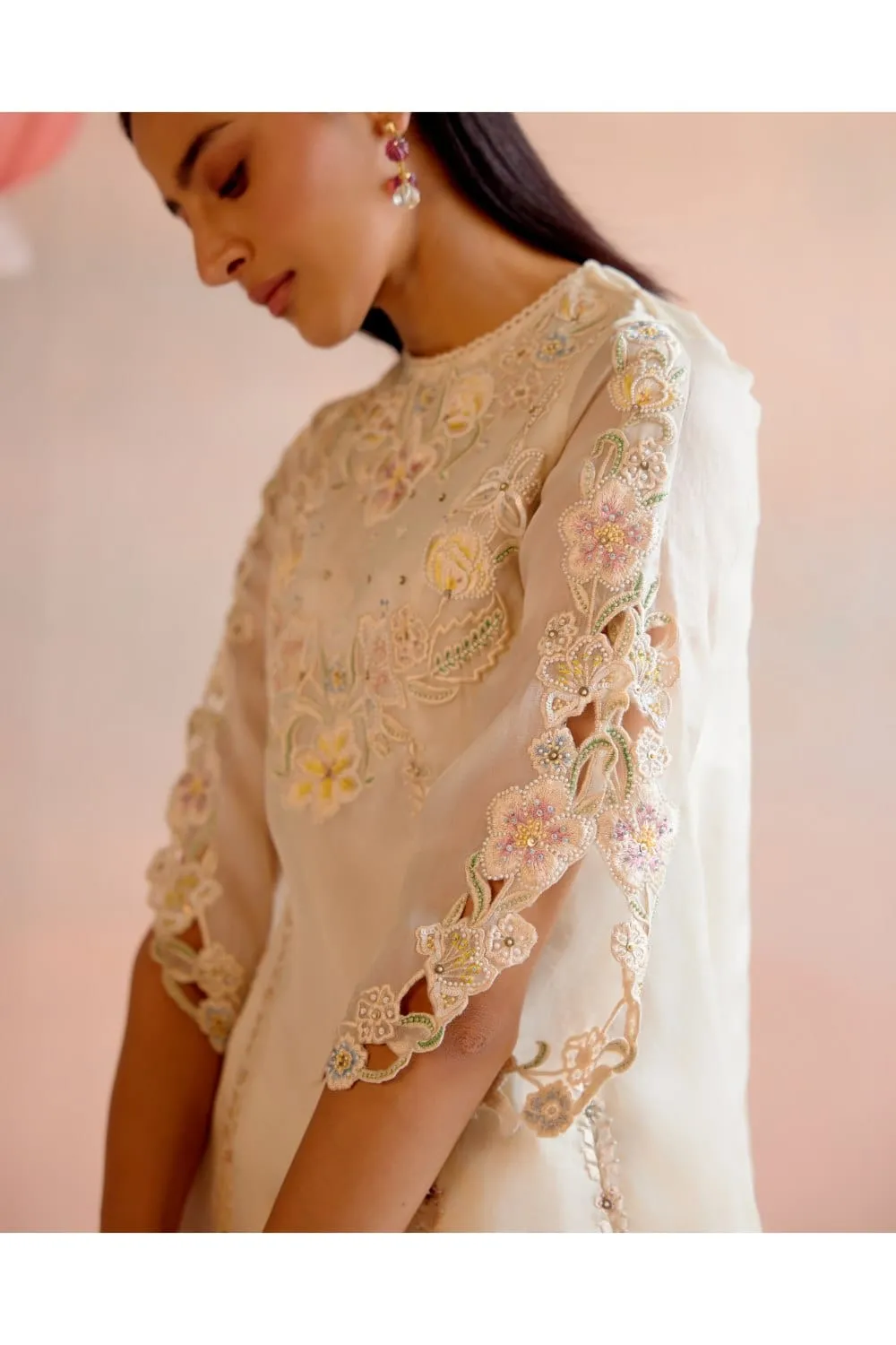 Ivory Cutwork And Beadwork Flared Short Kurta With Bell Bottom Pants