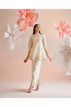 Ivory Cutwork And Beadwork Flared Short Kurta With Bell Bottom Pants
