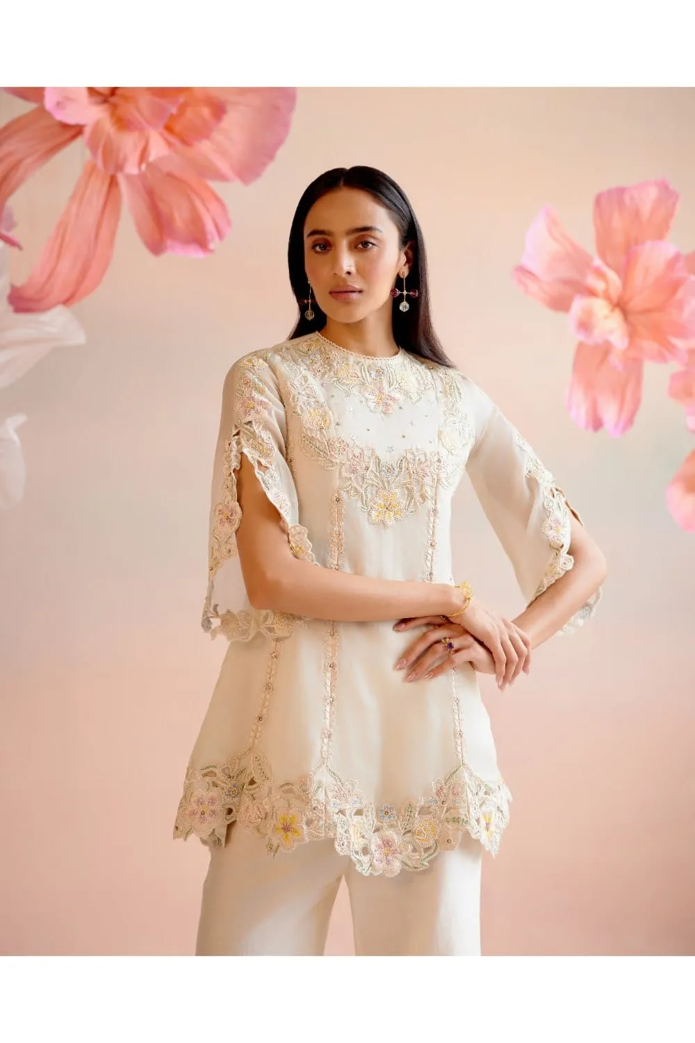 Ivory Cutwork And Beadwork Flared Short Kurta With Bell Bottom Pants