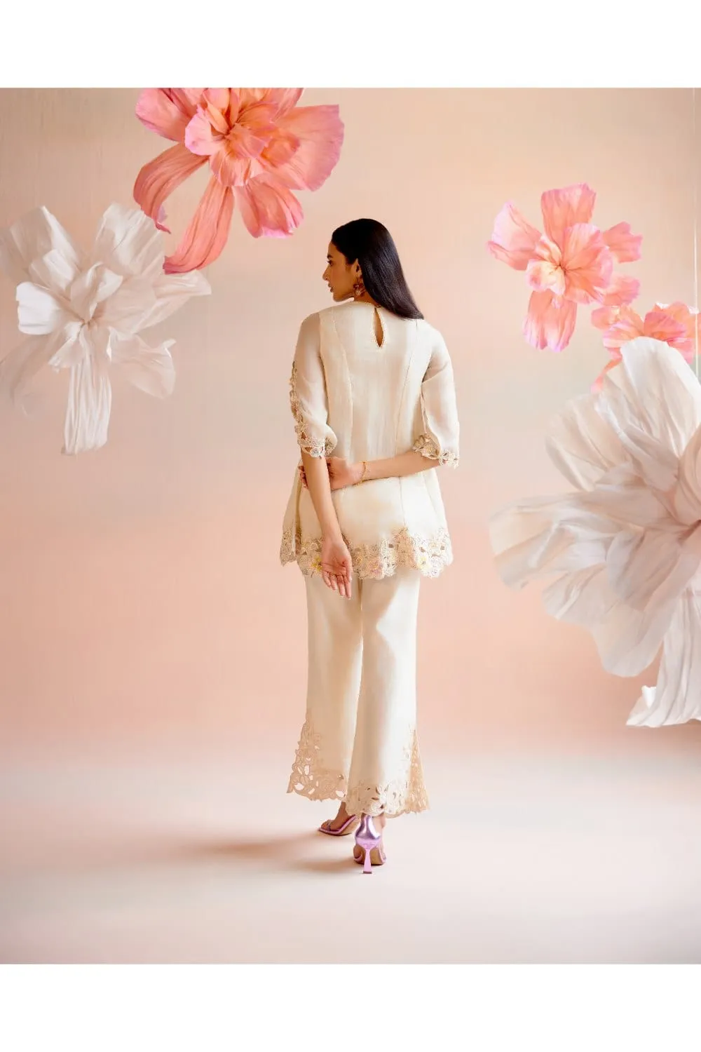 Ivory Cutwork And Beadwork Flared Short Kurta With Bell Bottom Pants