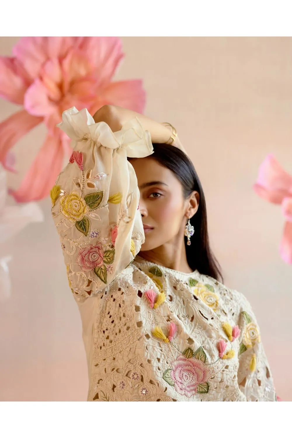 Ivory Floral Cutwork And Beadwork Kurta With Bell Bottom Pants