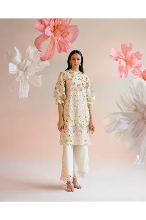 Ivory Floral Cutwork And Beadwork Kurta With Bell Bottom Pants