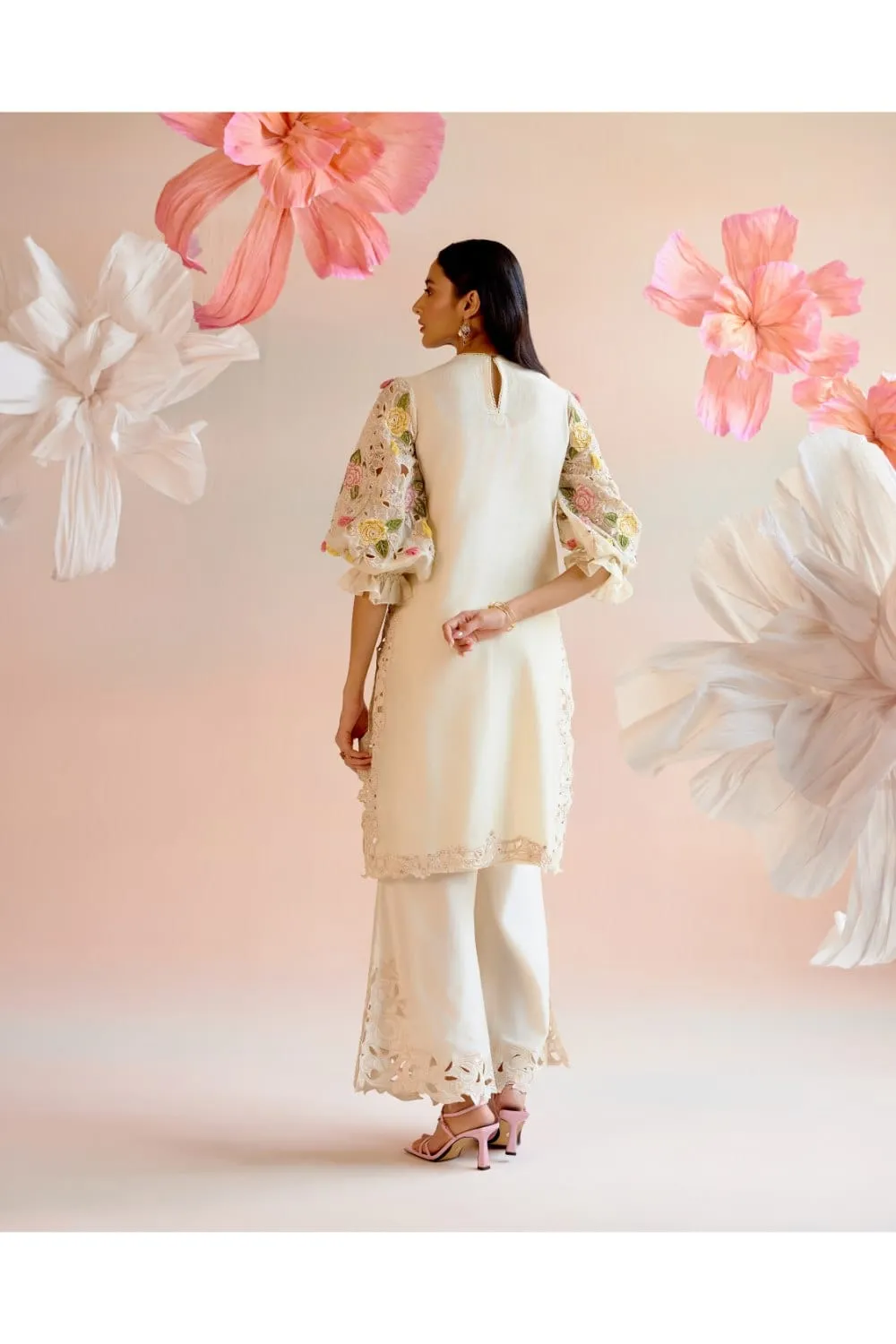Ivory Floral Cutwork And Beadwork Kurta With Bell Bottom Pants