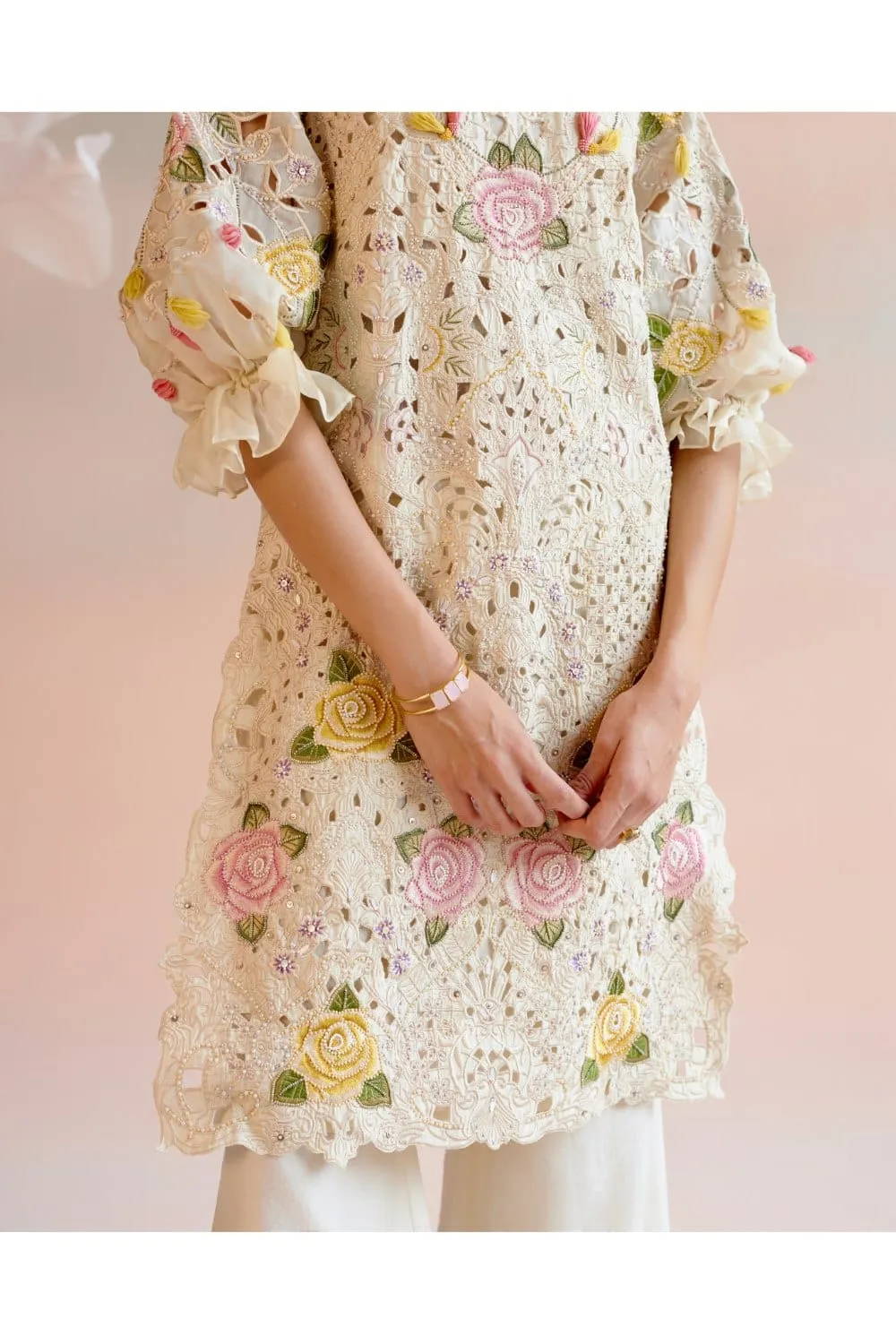 Ivory Floral Cutwork And Beadwork Kurta With Bell Bottom Pants