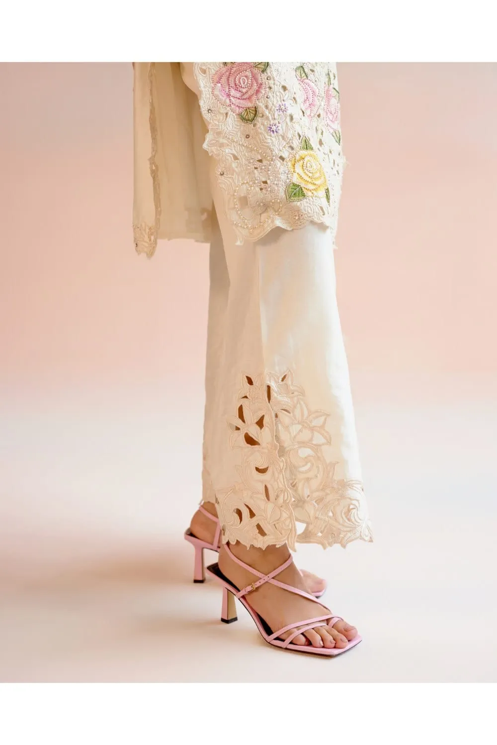 Ivory Floral Cutwork And Beadwork Kurta With Bell Bottom Pants