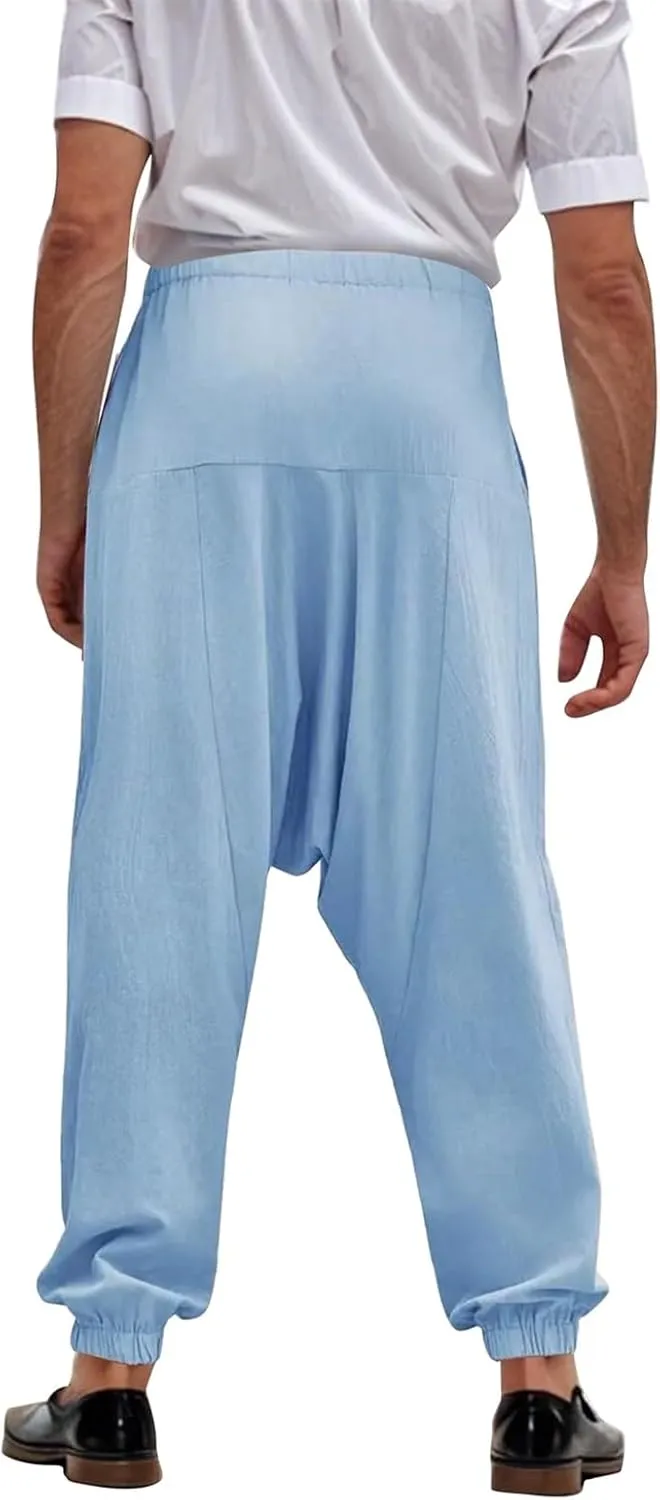 Linen Pants Elastic Waist Drawstring Beach Pants Harem Summer Pants Casual Lightweight Linen Trouser with Pockets