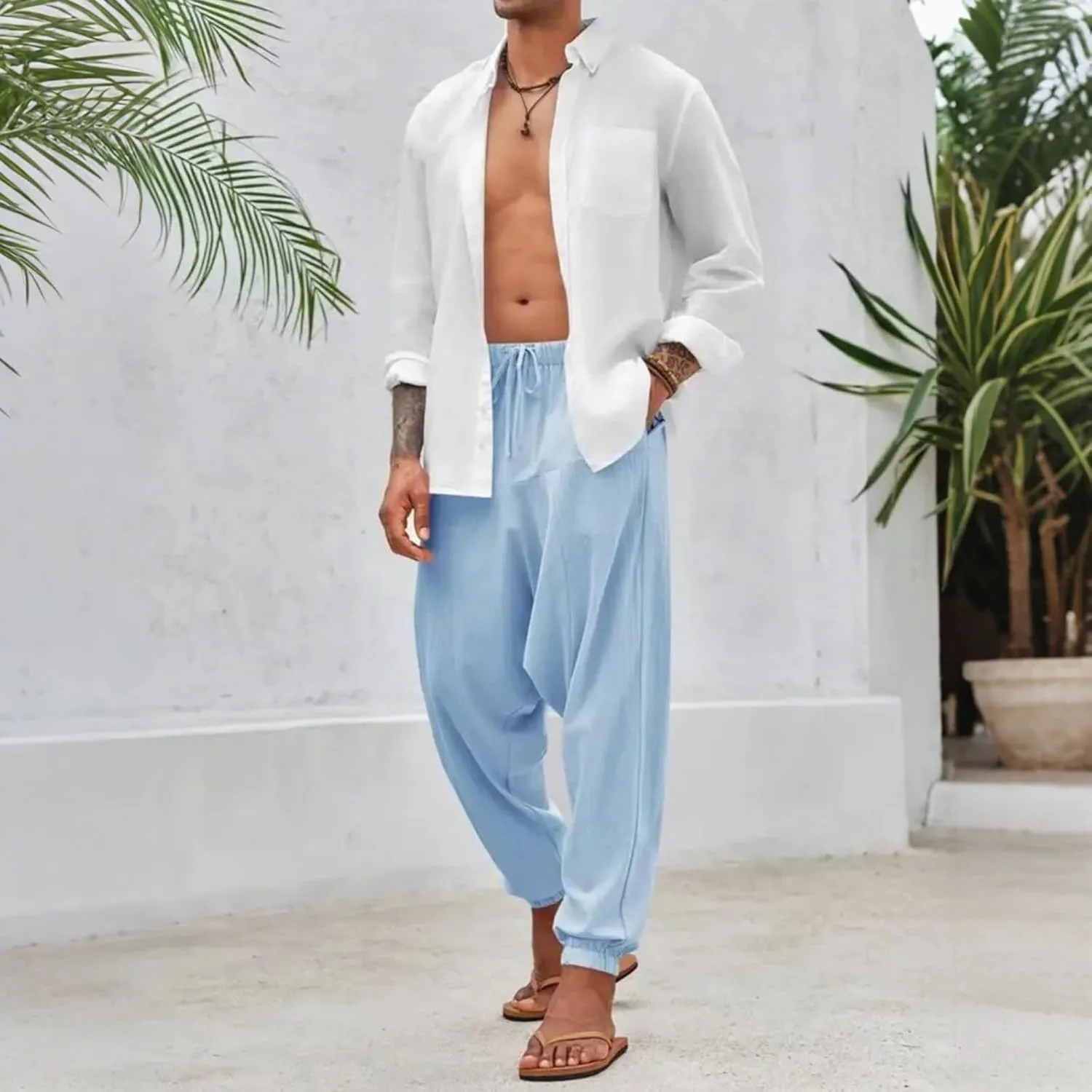 Linen Pants Elastic Waist Drawstring Beach Pants Harem Summer Pants Casual Lightweight Linen Trouser with Pockets