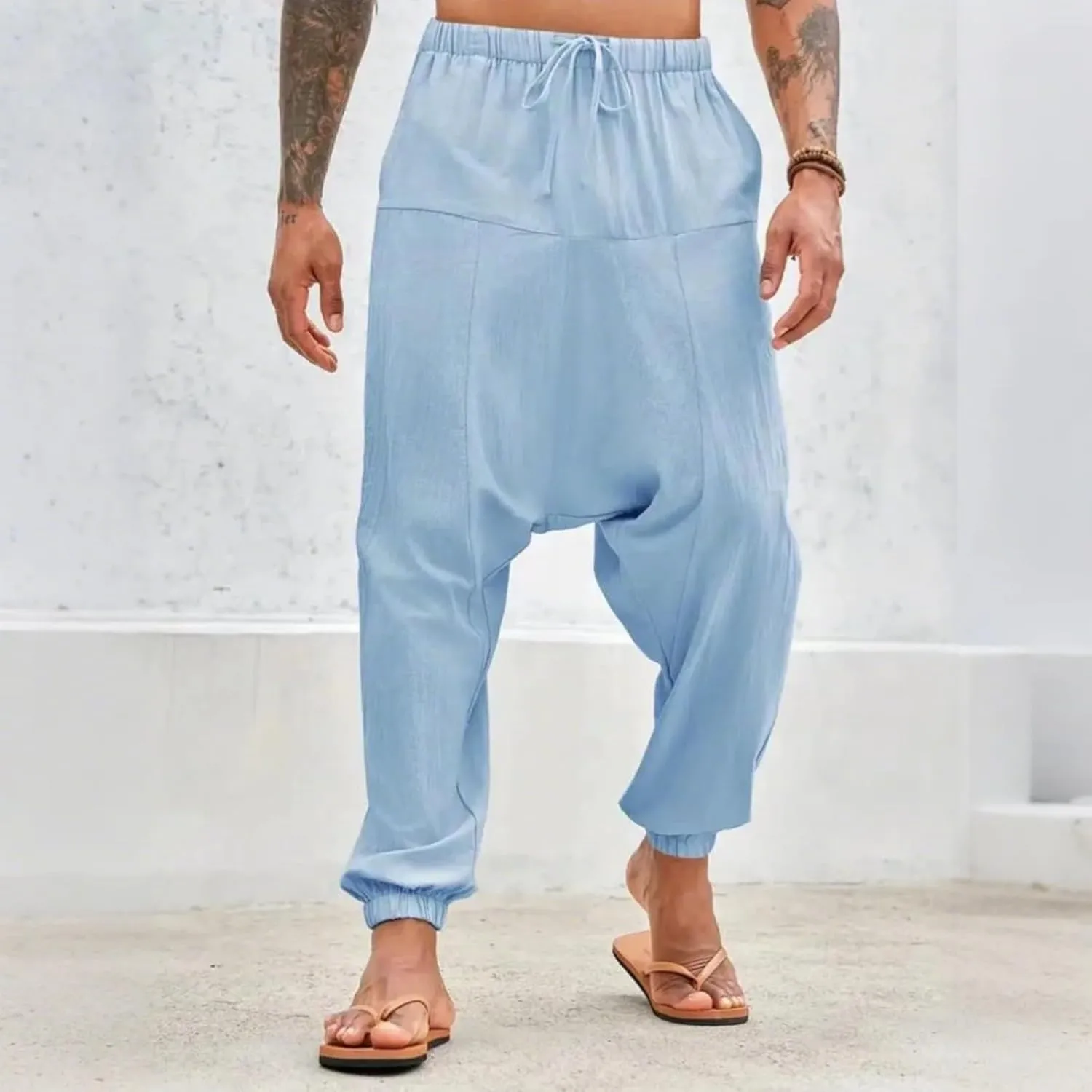 Linen Pants Elastic Waist Drawstring Beach Pants Harem Summer Pants Casual Lightweight Linen Trouser with Pockets