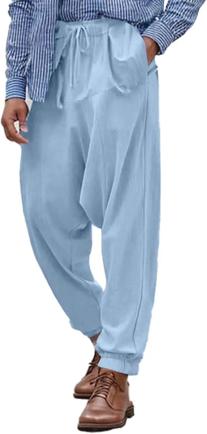 Linen Pants Elastic Waist Drawstring Beach Pants Harem Summer Pants Casual Lightweight Linen Trouser with Pockets