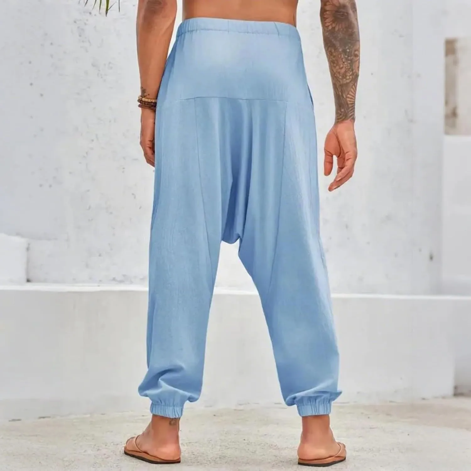 Linen Pants Elastic Waist Drawstring Beach Pants Harem Summer Pants Casual Lightweight Linen Trouser with Pockets