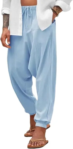 Linen Pants Elastic Waist Drawstring Beach Pants Harem Summer Pants Casual Lightweight Linen Trouser with Pockets