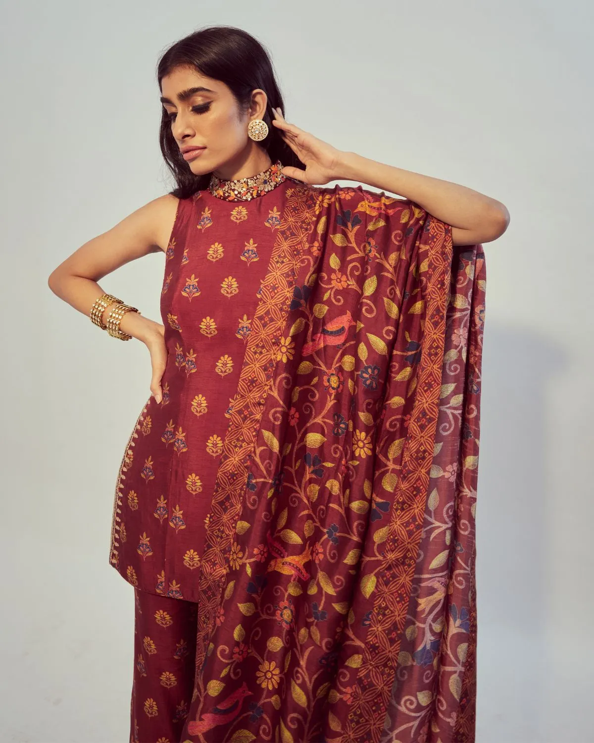 Maroon Printed Kurta Set