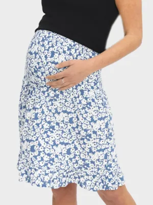 Maternity Shirred Skirt in Blue Floral Print