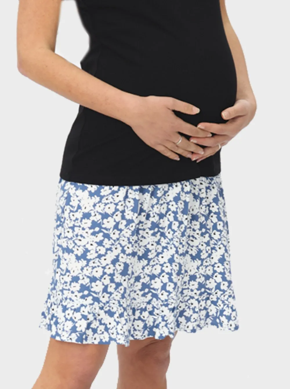 Maternity Shirred Skirt in Blue Floral Print