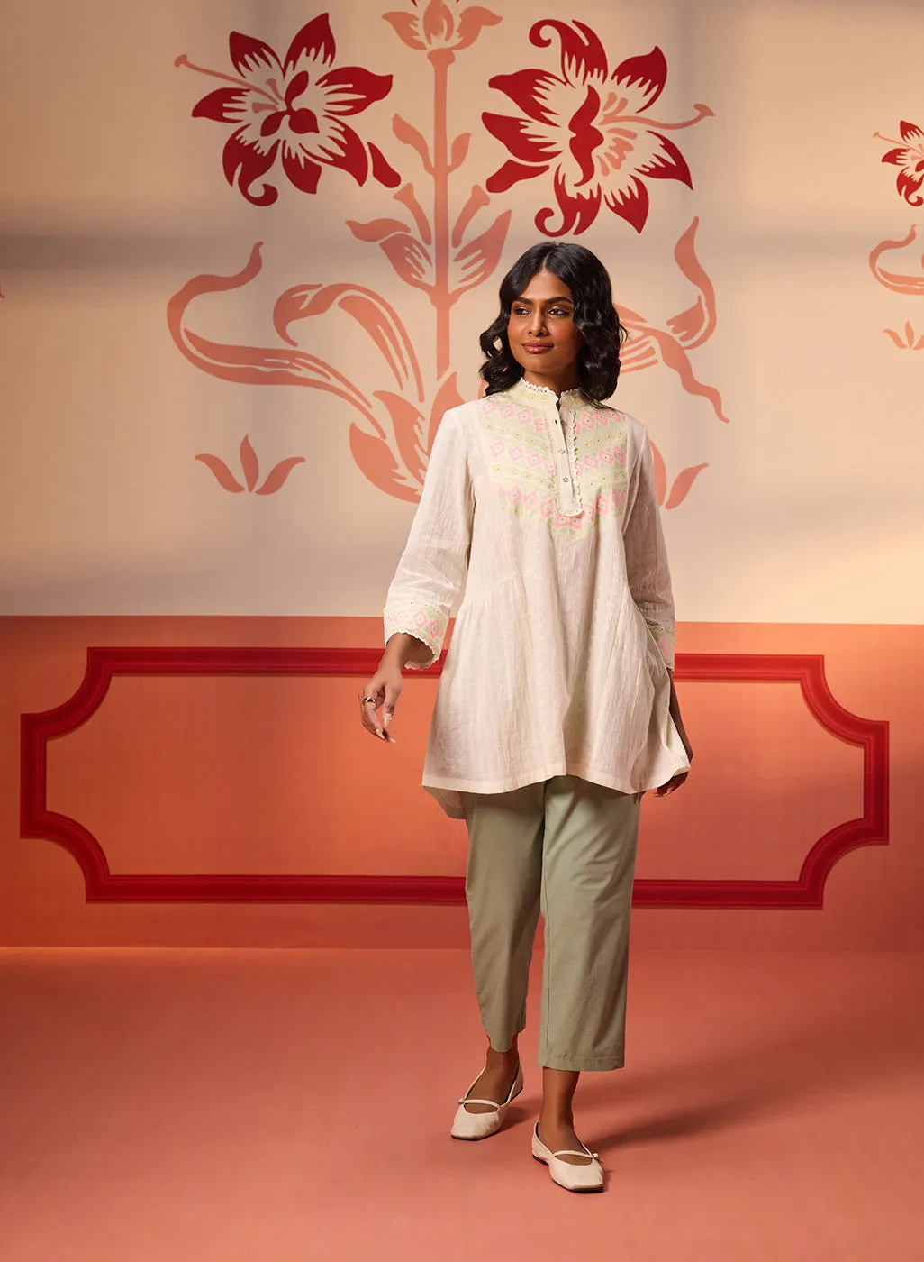 Meerab Ivory Embroidered Cotton Top for Women