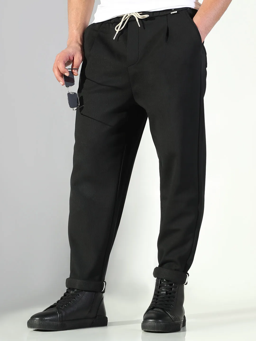 Men Black Solid Korean Trousers