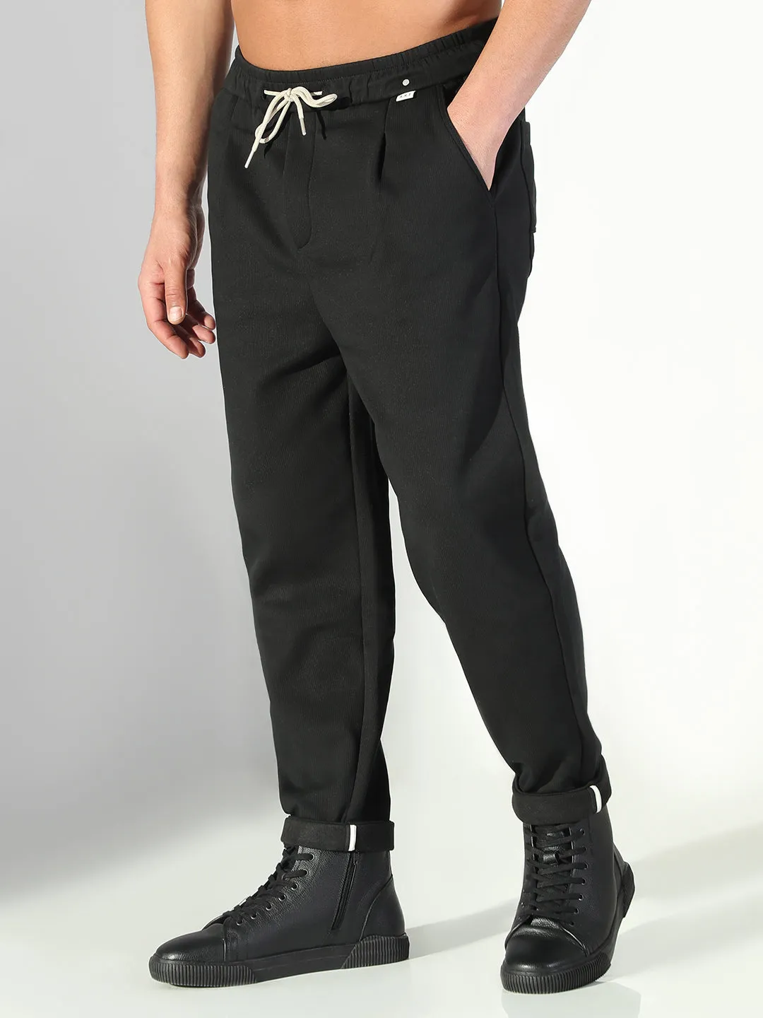 Men Black Solid Korean Trousers
