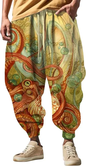 Mens Casual Harem Pants Fashion Street Feel Casual Sweatpants Mens Japanese Art Graphic Printed Casual Pants Linen