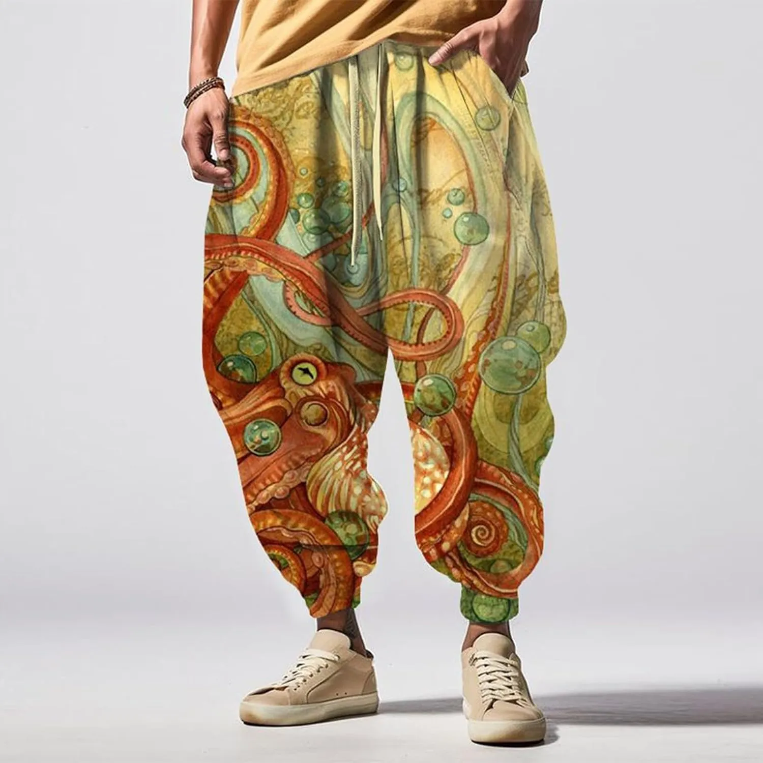 Mens Casual Harem Pants Fashion Street Feel Casual Sweatpants Mens Japanese Art Graphic Printed Casual Pants Linen