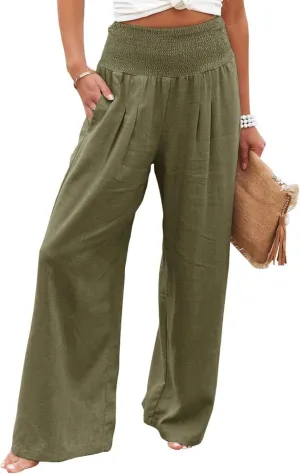 Mmoneyake Summer Linen Pants for Women 2024 Vacation Palazzo Pants Flowy Wide Leg Beach Lounge Pants Trousers with Pockets