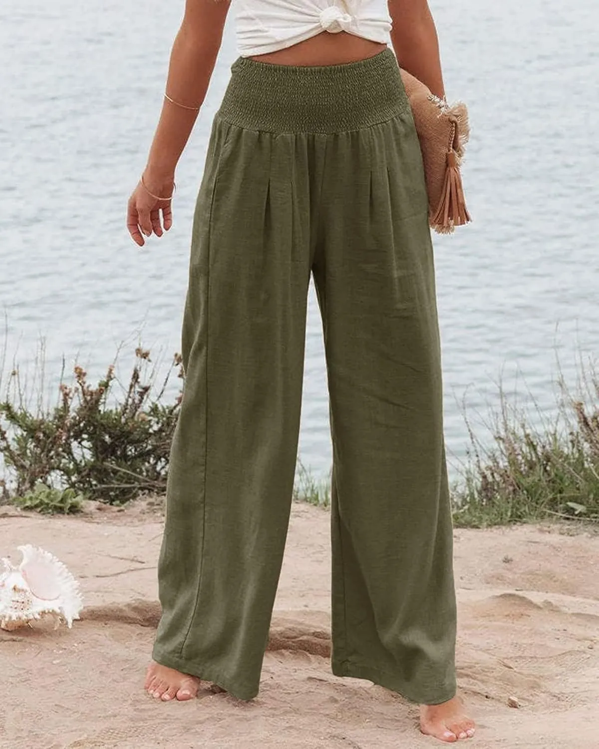 Mmoneyake Summer Linen Pants for Women 2024 Vacation Palazzo Pants Flowy Wide Leg Beach Lounge Pants Trousers with Pockets