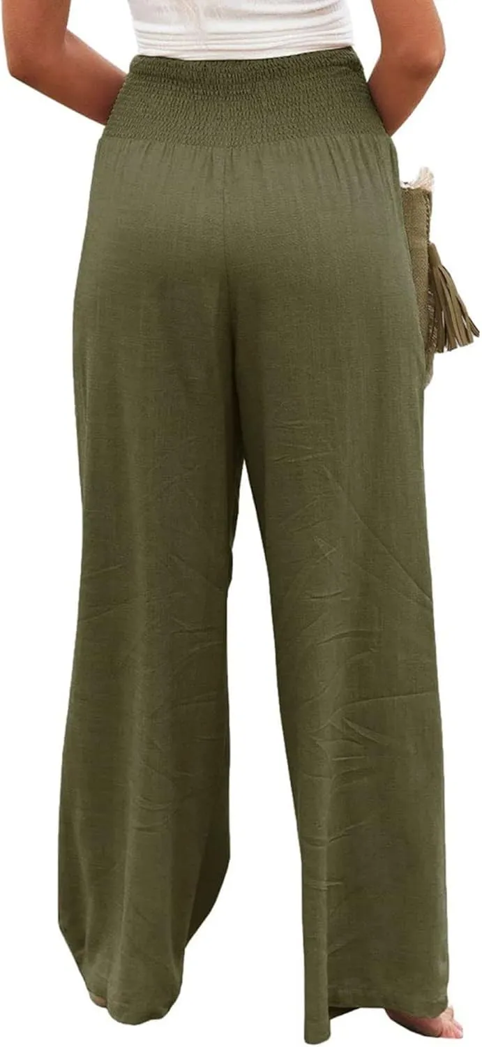 Mmoneyake Summer Linen Pants for Women 2024 Vacation Palazzo Pants Flowy Wide Leg Beach Lounge Pants Trousers with Pockets
