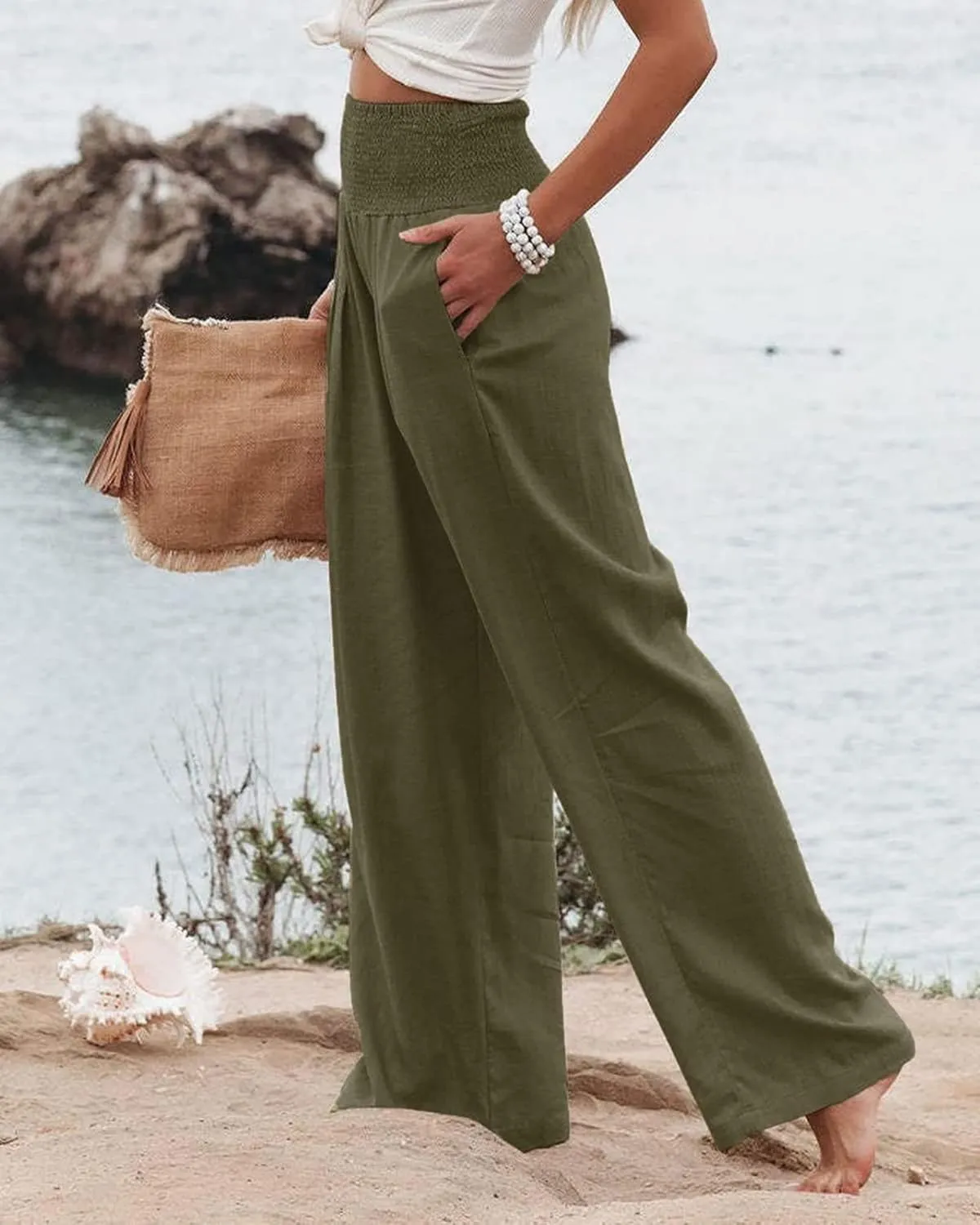 Mmoneyake Summer Linen Pants for Women 2024 Vacation Palazzo Pants Flowy Wide Leg Beach Lounge Pants Trousers with Pockets