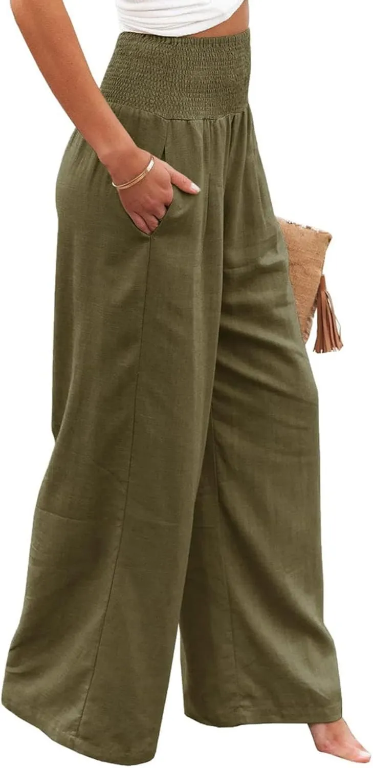 Mmoneyake Summer Linen Pants for Women 2024 Vacation Palazzo Pants Flowy Wide Leg Beach Lounge Pants Trousers with Pockets